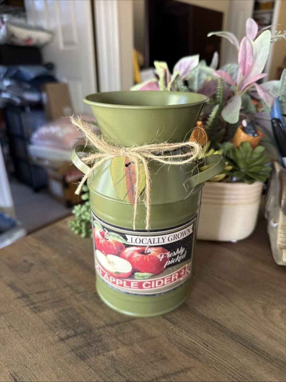 ASHLAND Green Decorative Milk Can "Apple Cider" Harvest Graphic & Twine Accent